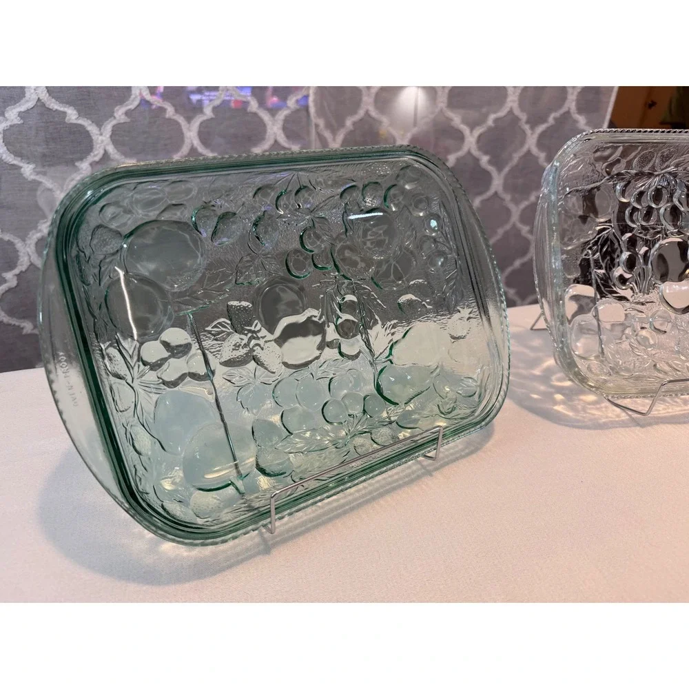 Vintage Libbey Orchard Fruit Baking Dish Set Clear Green Glass Oven Proof 2pc